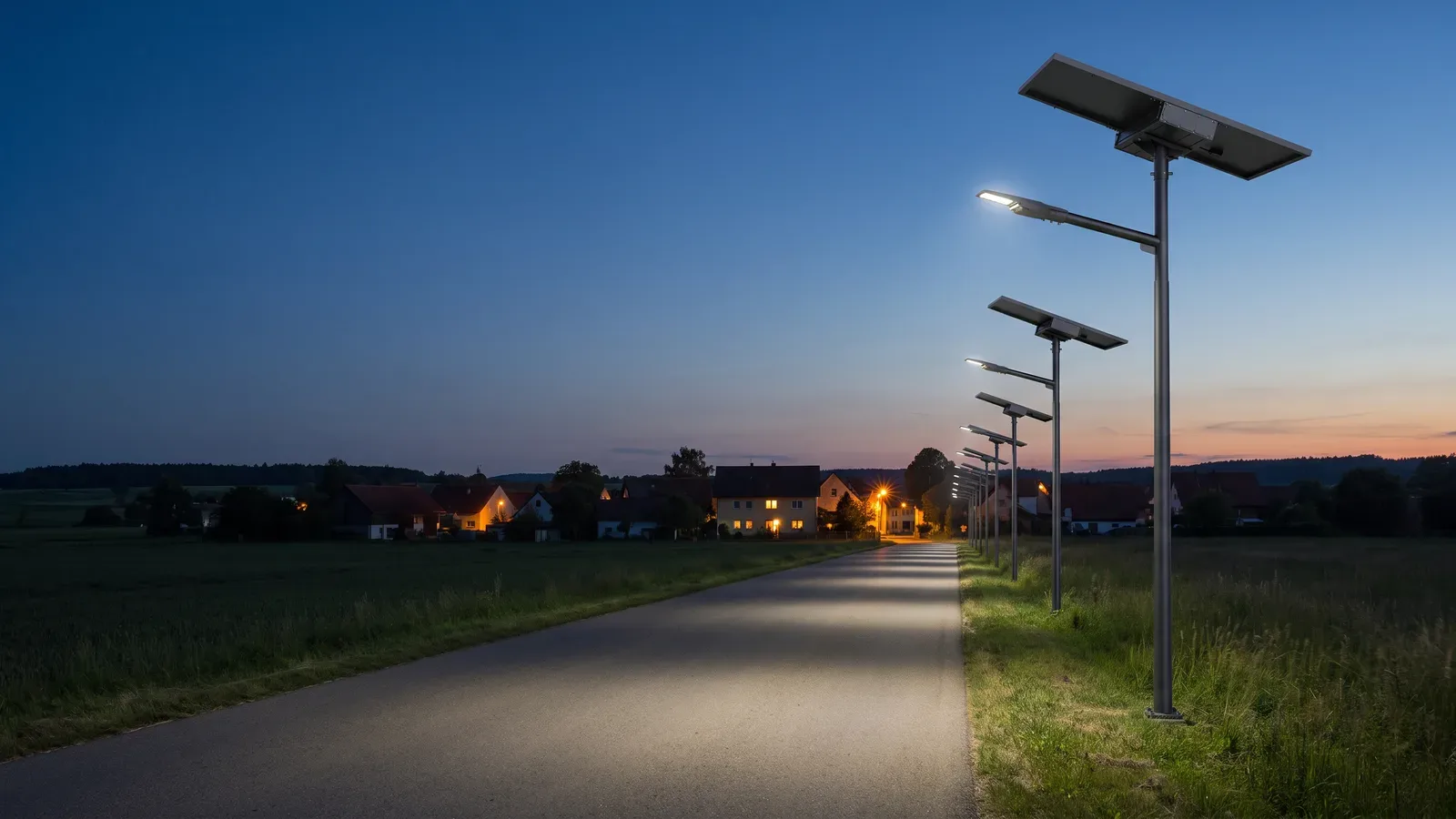 Carretera rural al anochecer, entre campos y a la entrada de un pueblo, iluminada por columnas solares con un único panel rectangular inclinado en lo alto, el bloque de batería bajo el panel y una luminaria LED en un brazo lateral.